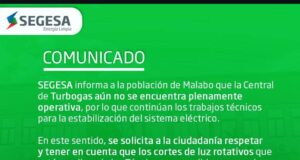 Nuevo Comunicado de SEGESA sobre los apagones en Malabo y el avance de los trabajos en Turbogas