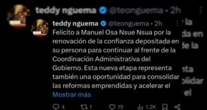 El Vicepresidente de la República saluda la reconducción de Osa Nsue Nsua como Primer Ministro del Gobierno